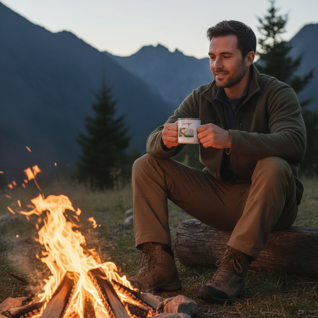 George enamel mug — campfire dusk UGC