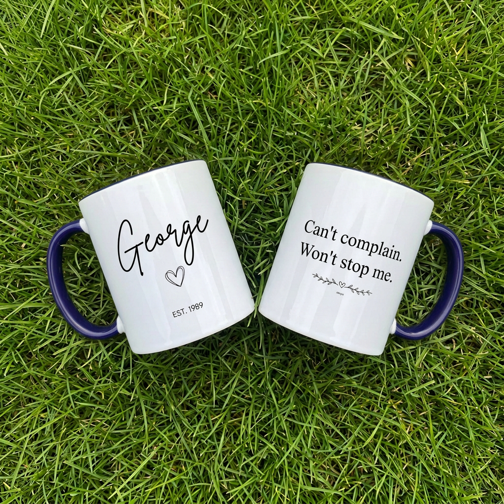 George EST. 1989 navy mug laid on grass with a funny British quote
