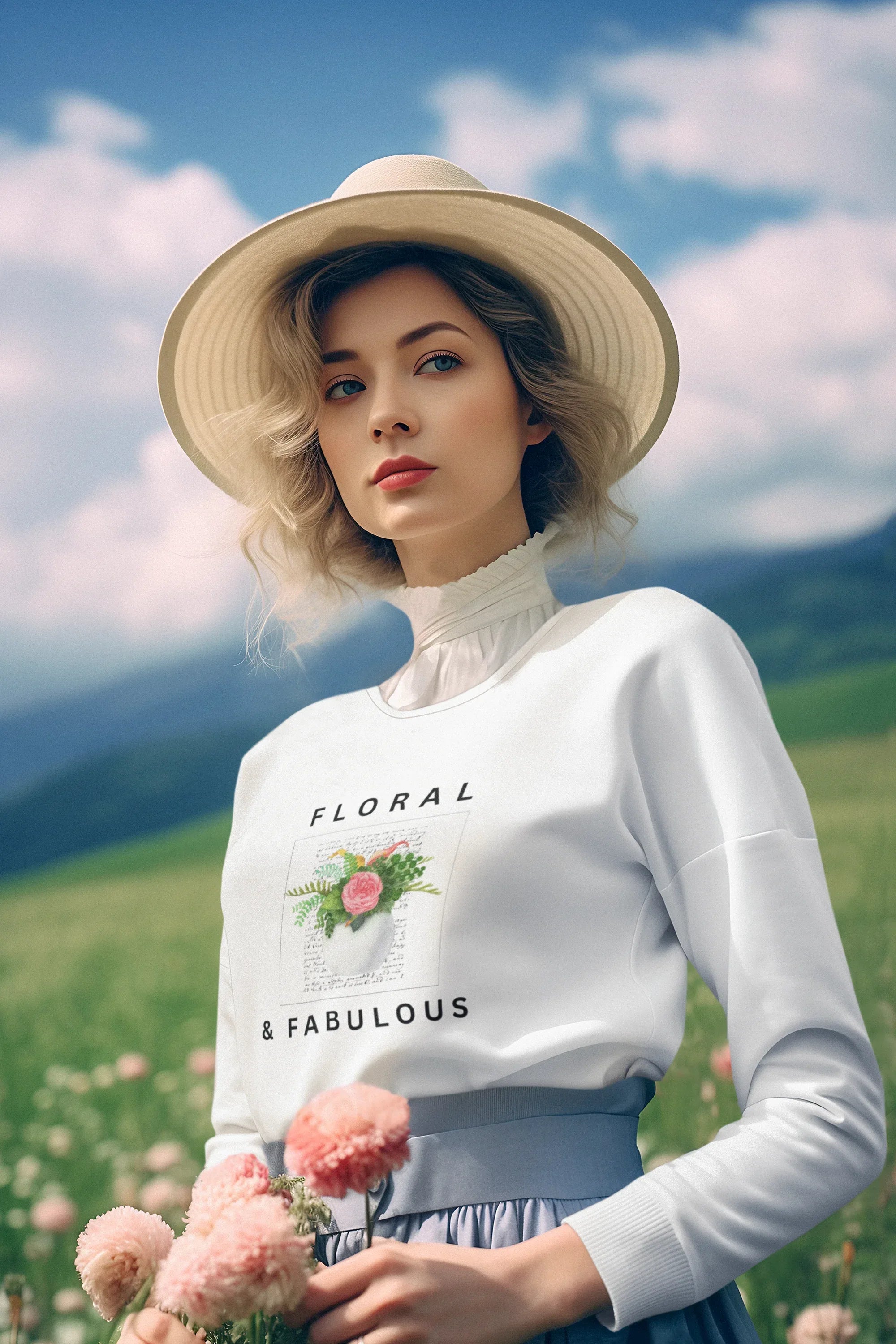 White crewneck sweatshirt with Floral & Fabulous floral graphic on model.