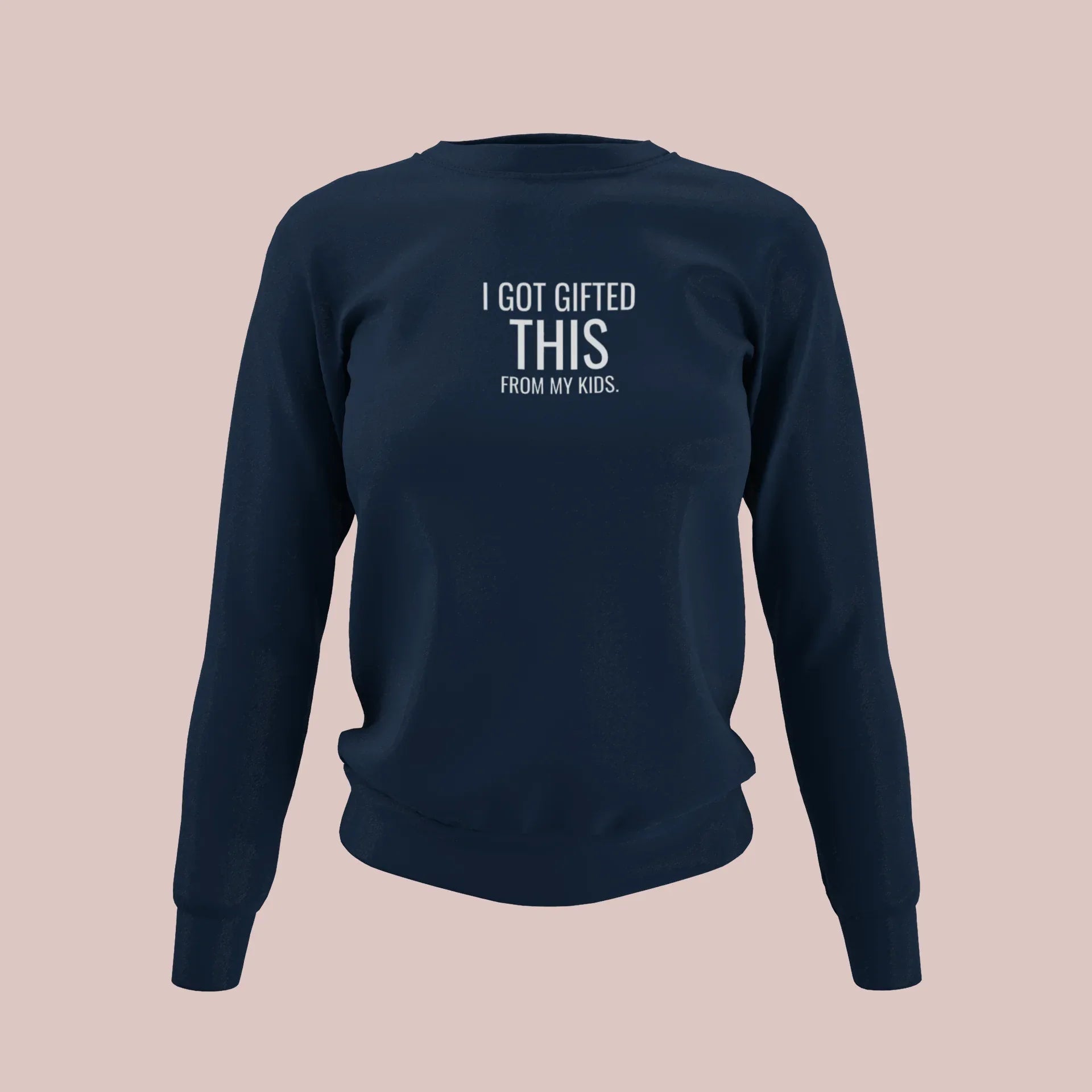 Navy crewneck sweatshirt with "I got gifted this" chest print