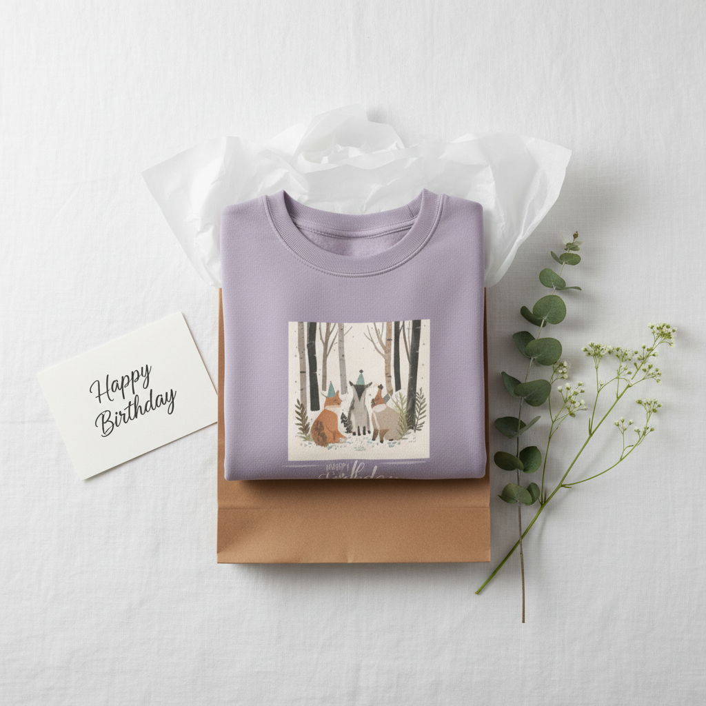 Lavender woodland birthday animals sweatshirt with front graphic of foxes in trees