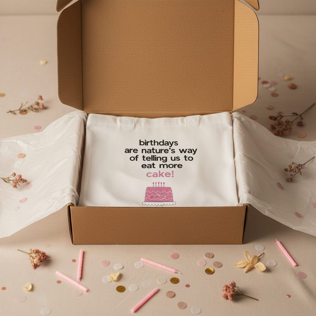 White tote bag with birthday cake quote print and pink cake graphic inside box