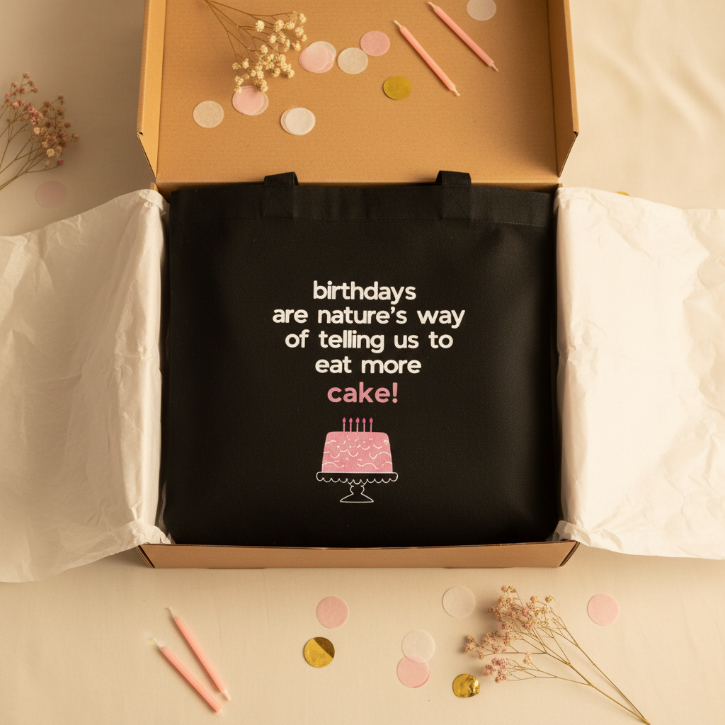Black tote bag with birthday cake graphic and text, inside an open cardboard box