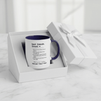 White mug with dark blue interior and handle, printed friendship quote and names.