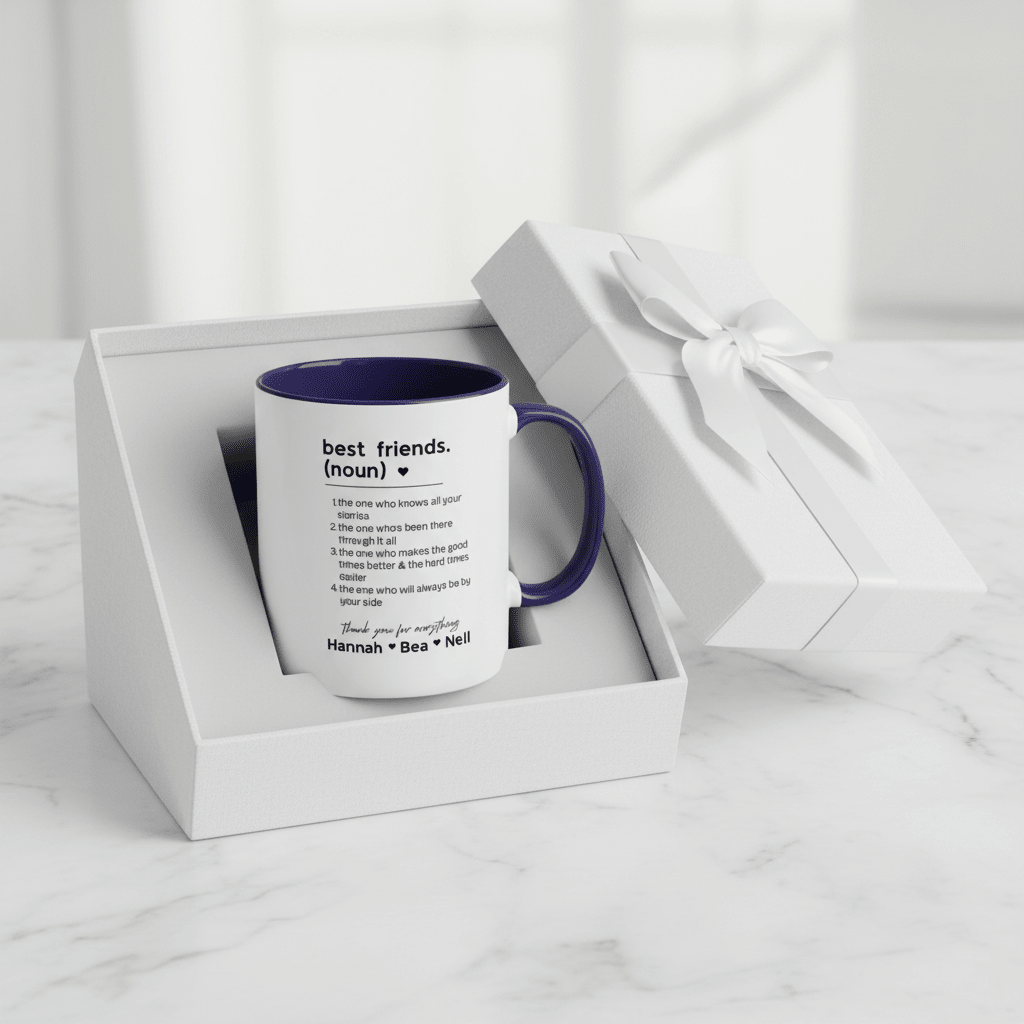 White mug with dark blue interior and handle, printed friendship quote and names.