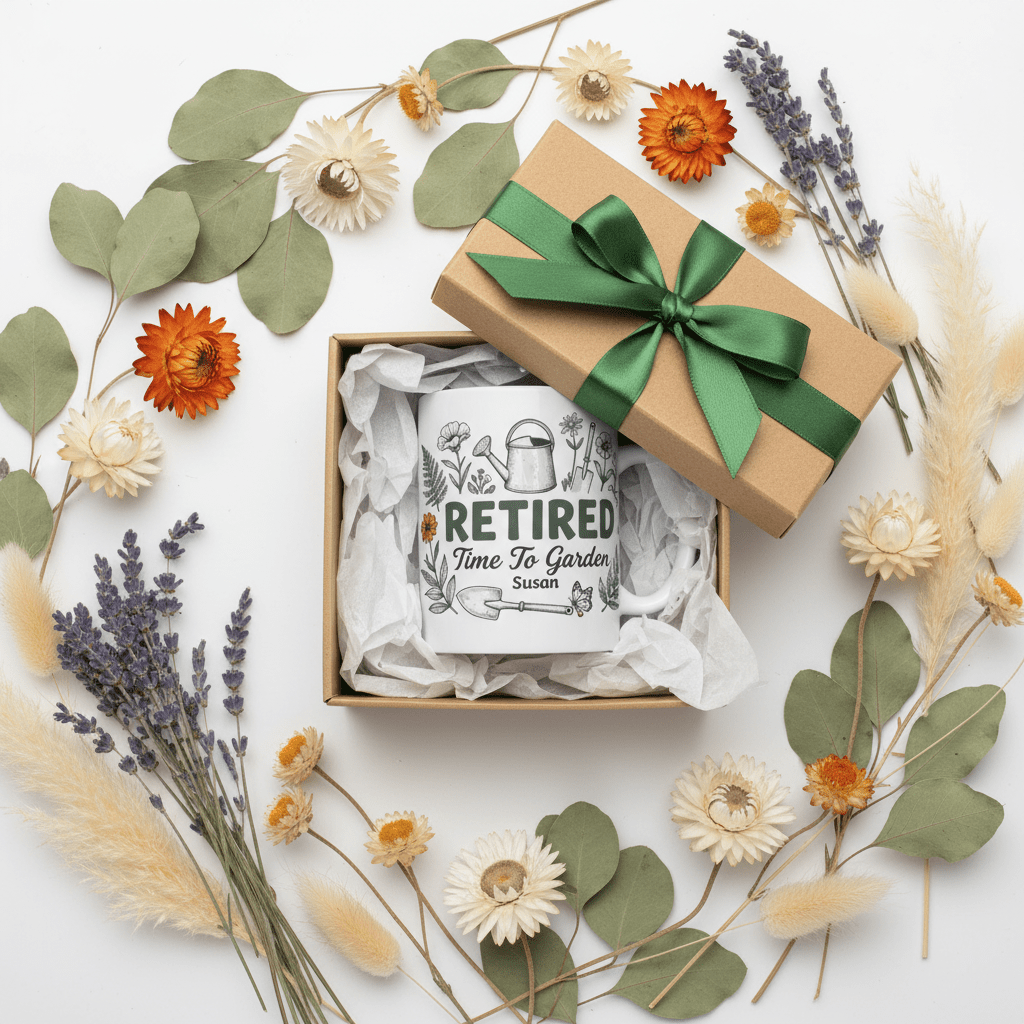 Retired Time to Garden mug in gift box with green ribbon and botanical wrap