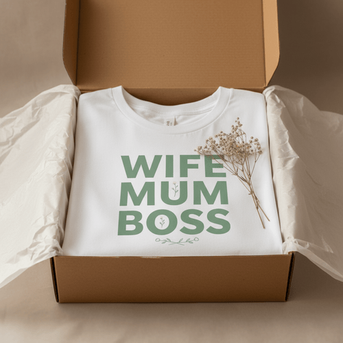White T-shirt with green “WIFE MUM BOSS” slogan print