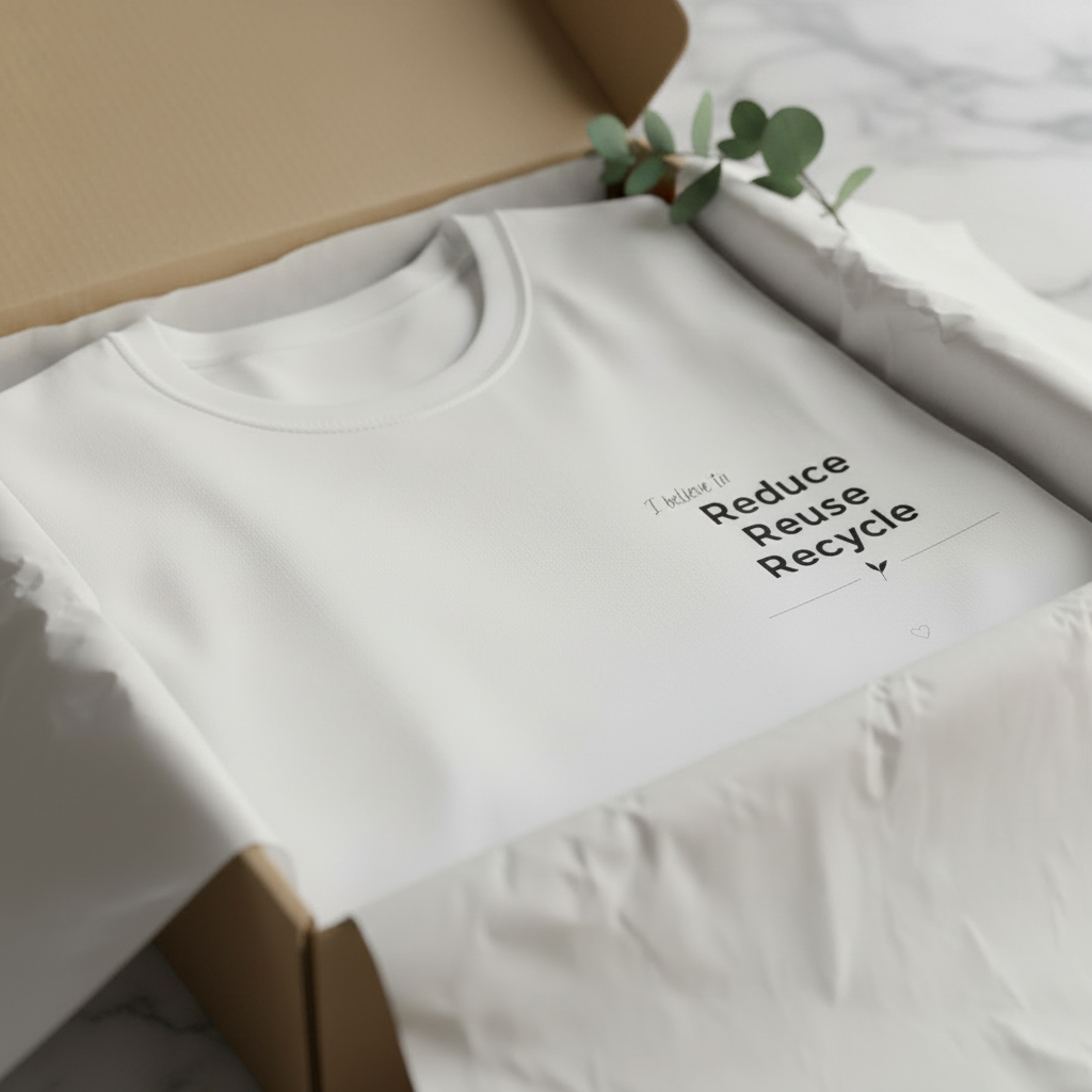 Unisex white T-shirt with 'Reduce Reuse Recycle' front chest graphic