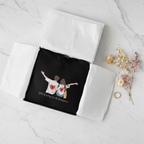 Black hoodie with couple heart graphic and 'Still Waiting for the Honeymoon' inside mailer.