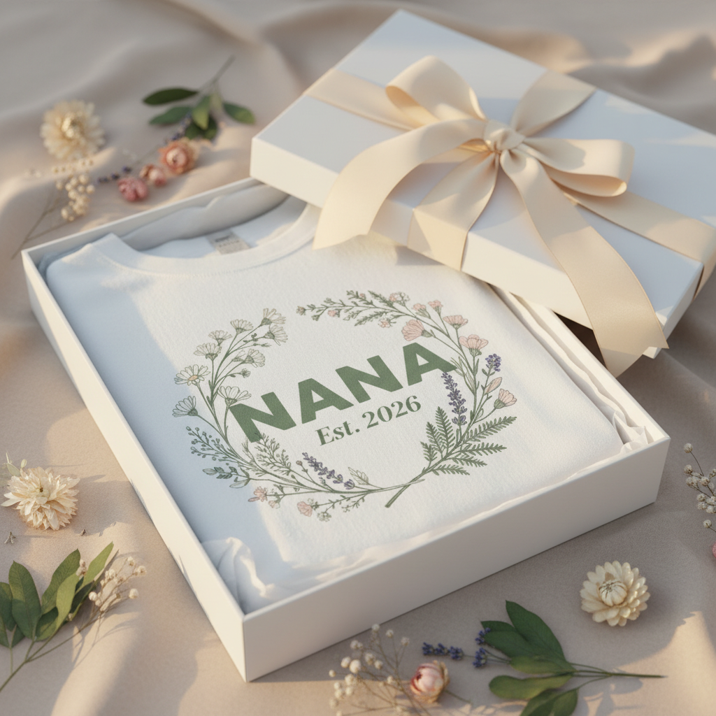 White T-shirt with floral wreath print reading “NANA Est. 2026”