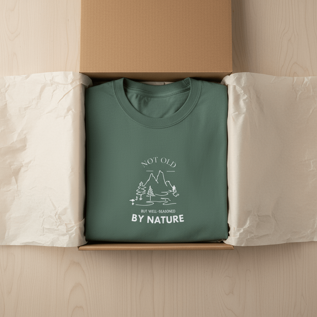 Nature graphic T-shirt in green with mountain and tree logo on the chest