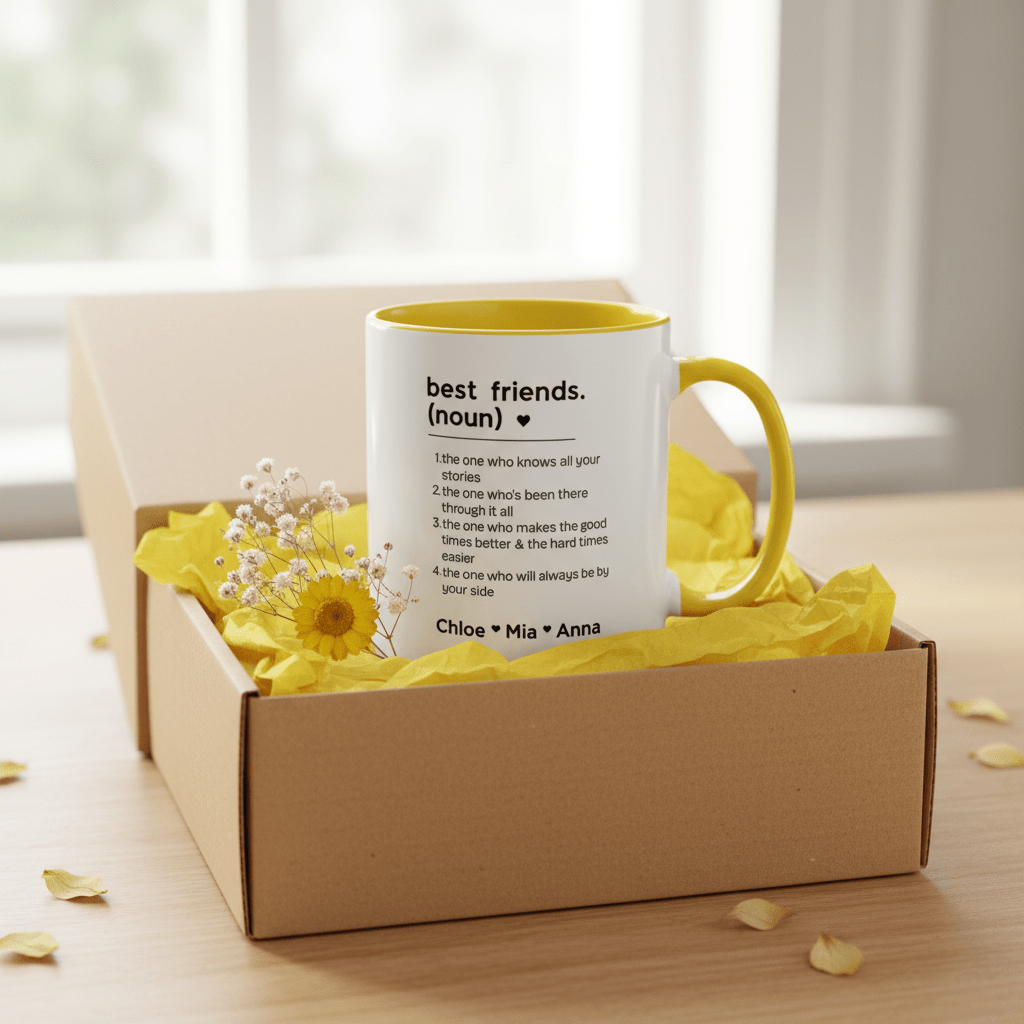 White mug with yellow interior and handle, printed friendship quote and names.