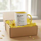 White mug with yellow interior and handle, printed friendship quote and names.