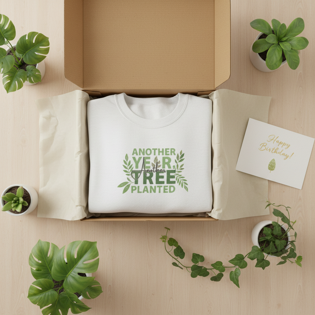 White crewneck sweatshirt with green “Another Year, Tree Planted” chest graphic.