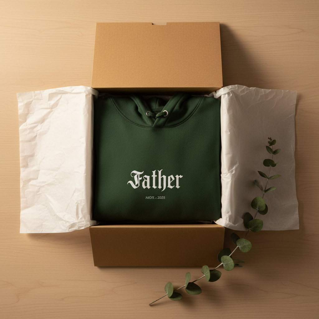 Green hoodie with 'Father' logo, drawstring hood and front pocket