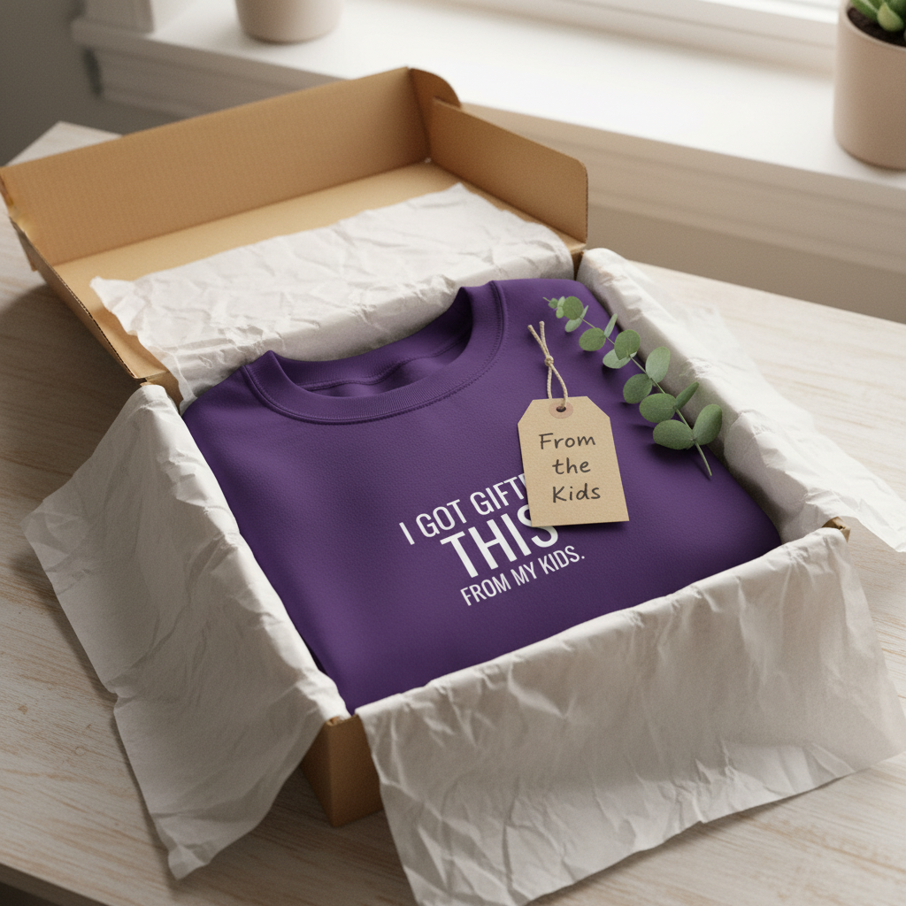 Purple crewneck sweatshirt with slogan text 'I GOT GIFTED THIS' and 'FROM MY KIDS'