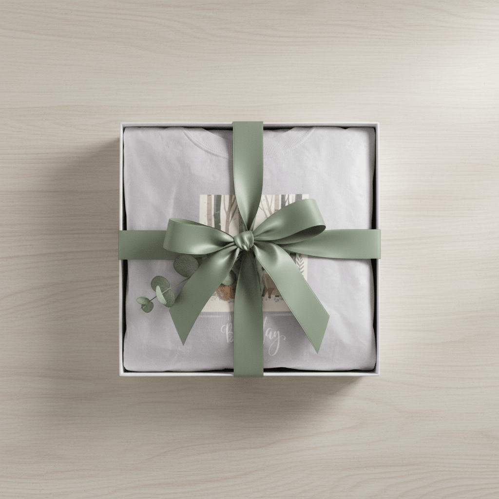 Light sweatshirt in a gift box with green ribbon, featuring a woodland animal graphic