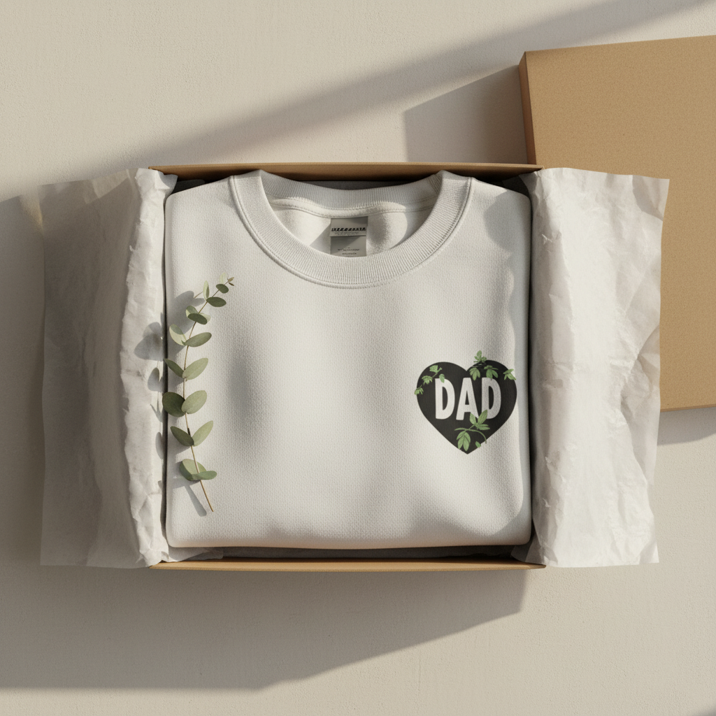 Sweatshirt, white crewneck with DAD heart logo and leafy side print