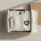 Sweatshirt, white crewneck with DAD heart logo and leafy side print