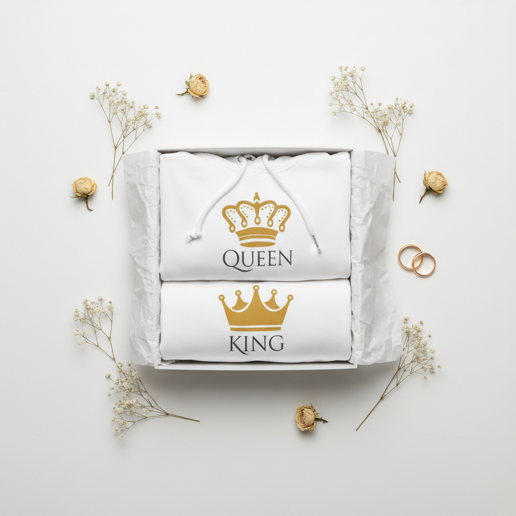 White hooded sweatshirt set in gift box with gold Queen and King crown prints
