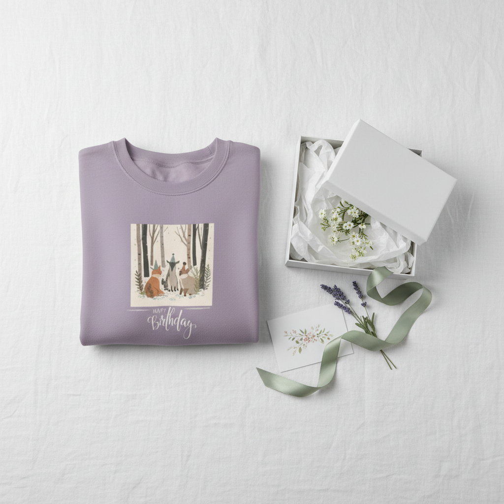 Lavender woodland birthday animals sweatshirt with tree-forest animal graphic and script text