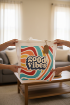 Hands holding canvas tote bag indoors with 'good vibes' colorful swirl front