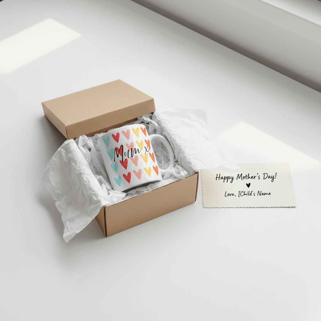 White mug in a gift box with colorful heart pattern and black cursive name