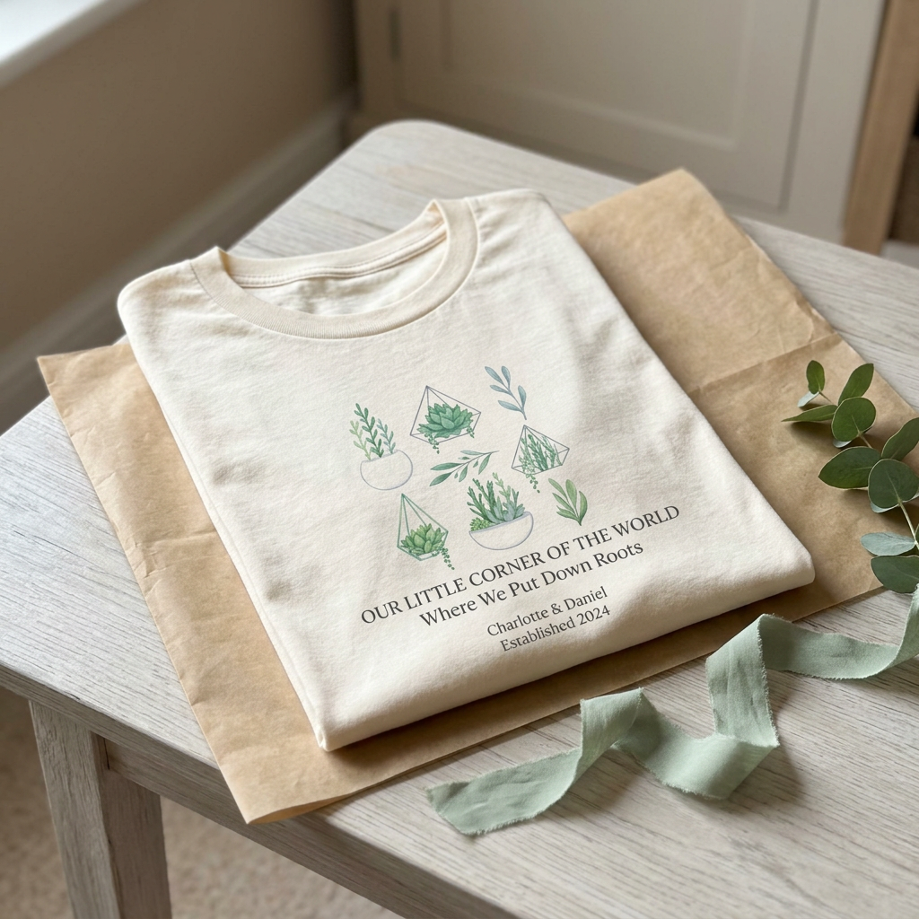 Natural t-shirt with green botanical house design and “Our First Home” text print