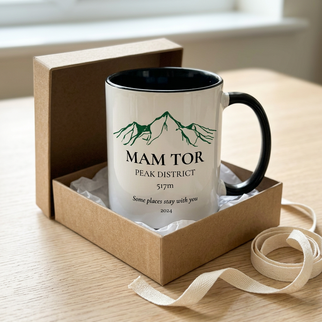 Gift-styled Mam Tor mug with one Peak District line and elevation only beneath