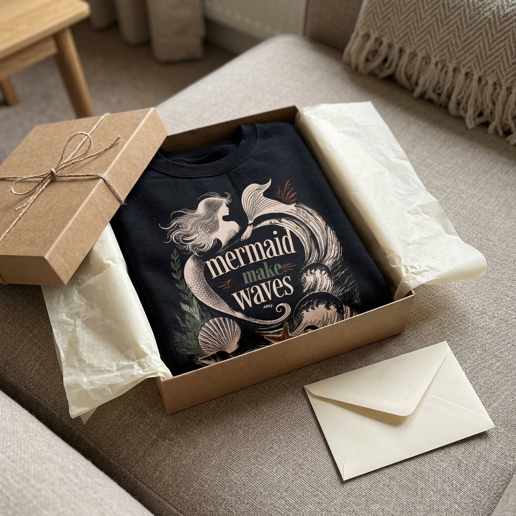 Unisex crewneck sweatshirt in black with mermaid 'make waves' graphic in gift box
