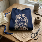 Unisex crewneck sweatshirt in navy with mermaid 'make waves' graphic on folded fabric