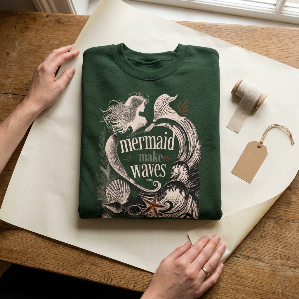 Unisex forest green sweatshirt, front mermaid “make waves” graphic