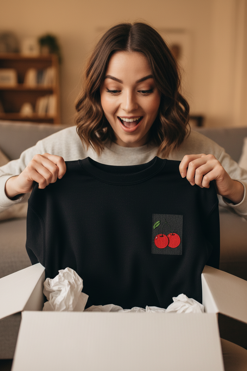Dark sweatshirt with cherry patch on chest, crew neck and ribbed hem