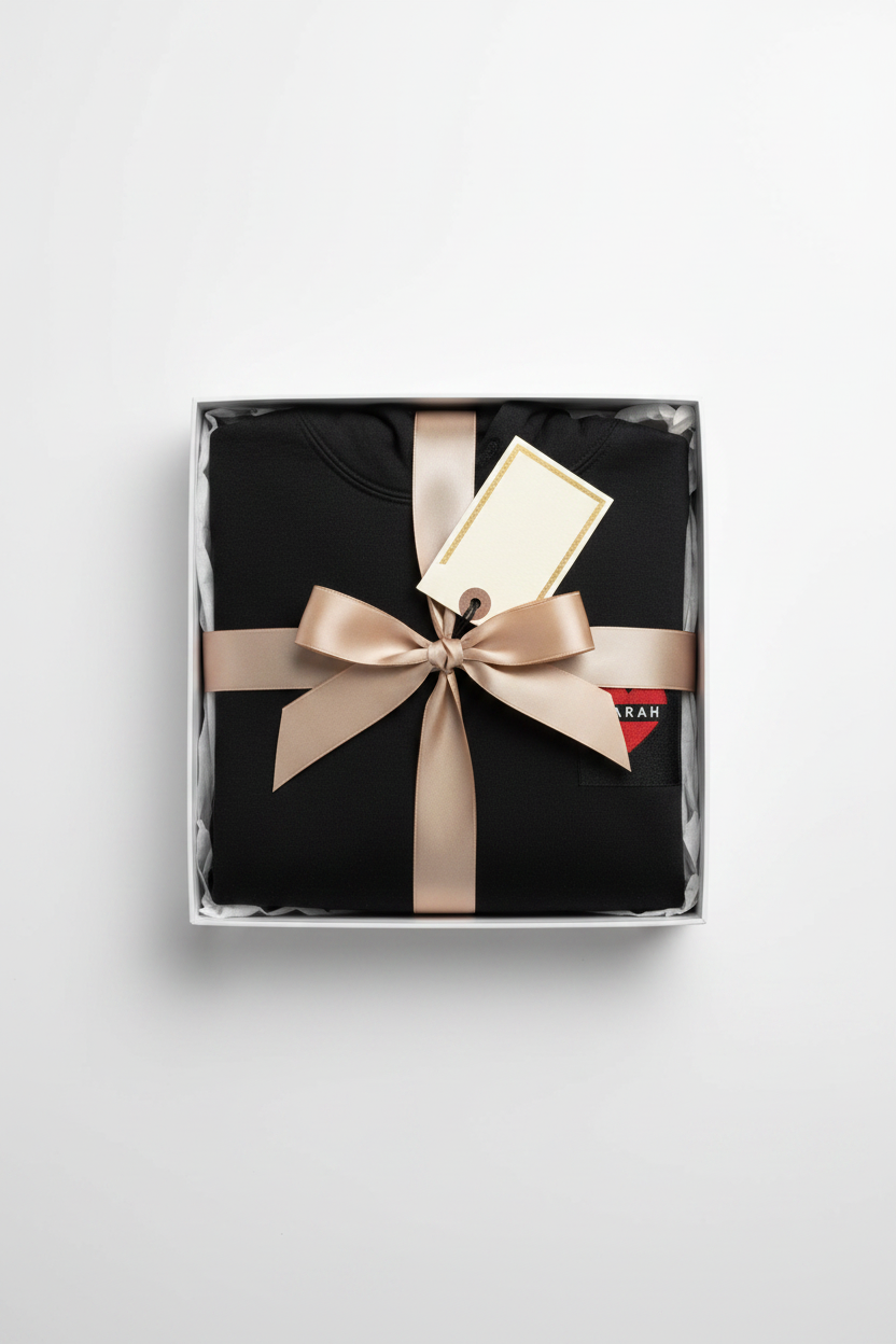 Black embroidered hoodie folded in a gift box with heart patch