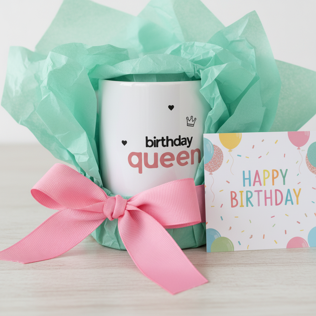 White ceramic mug with “birthday queen” print, teal tissue and pink ribbon