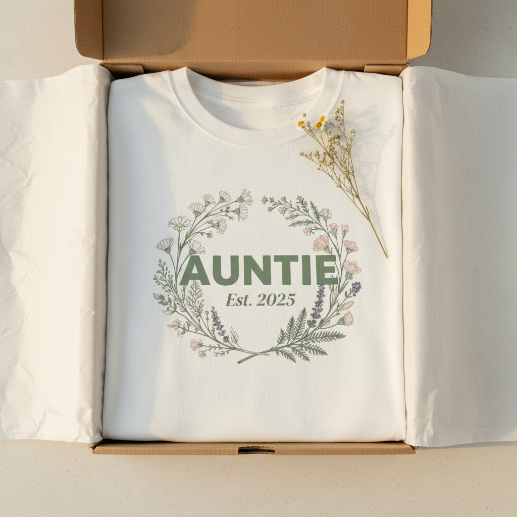 White T-shirt with floral wreath print reading “AUNTIE Est. 2025”