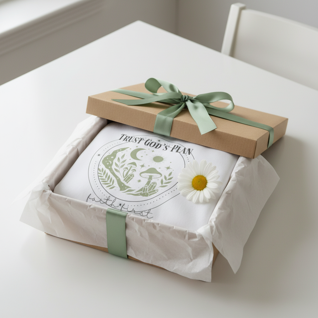 Folded white hoodie in gift box with 'Trust God's Plan' wolf emblem and flower
