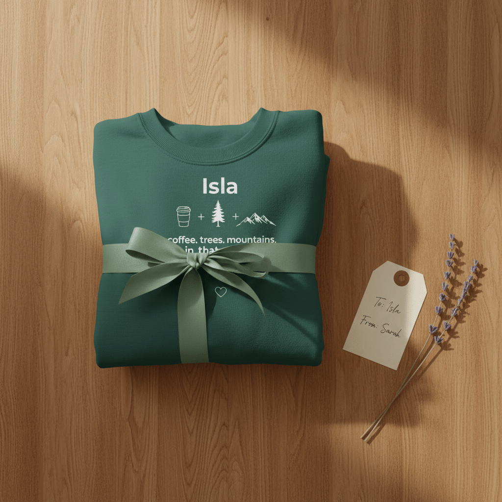 Personalized crewneck sweatshirt, bottle green, 'Isla' front print with bow