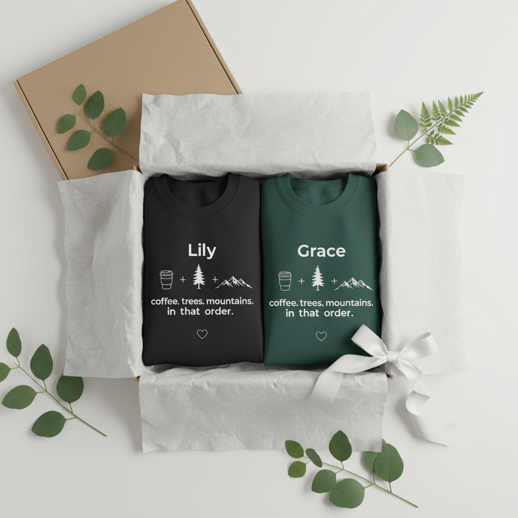 Two personalized crewneck sweatshirts: jet black 'Lily' and bottle green 'Grace'