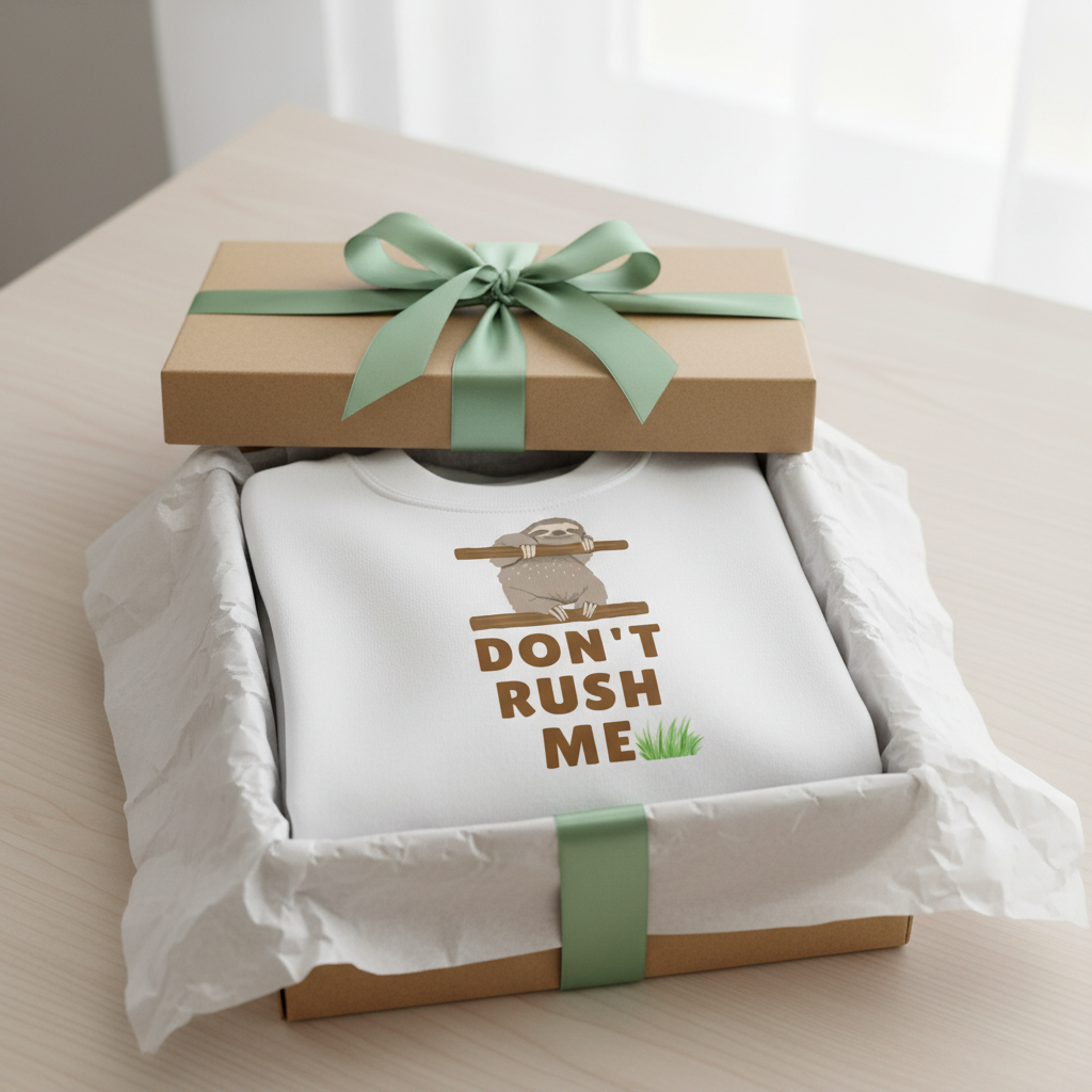 White sloth sweatshirt in gift box with “DON’T RUSH ME” front graphic