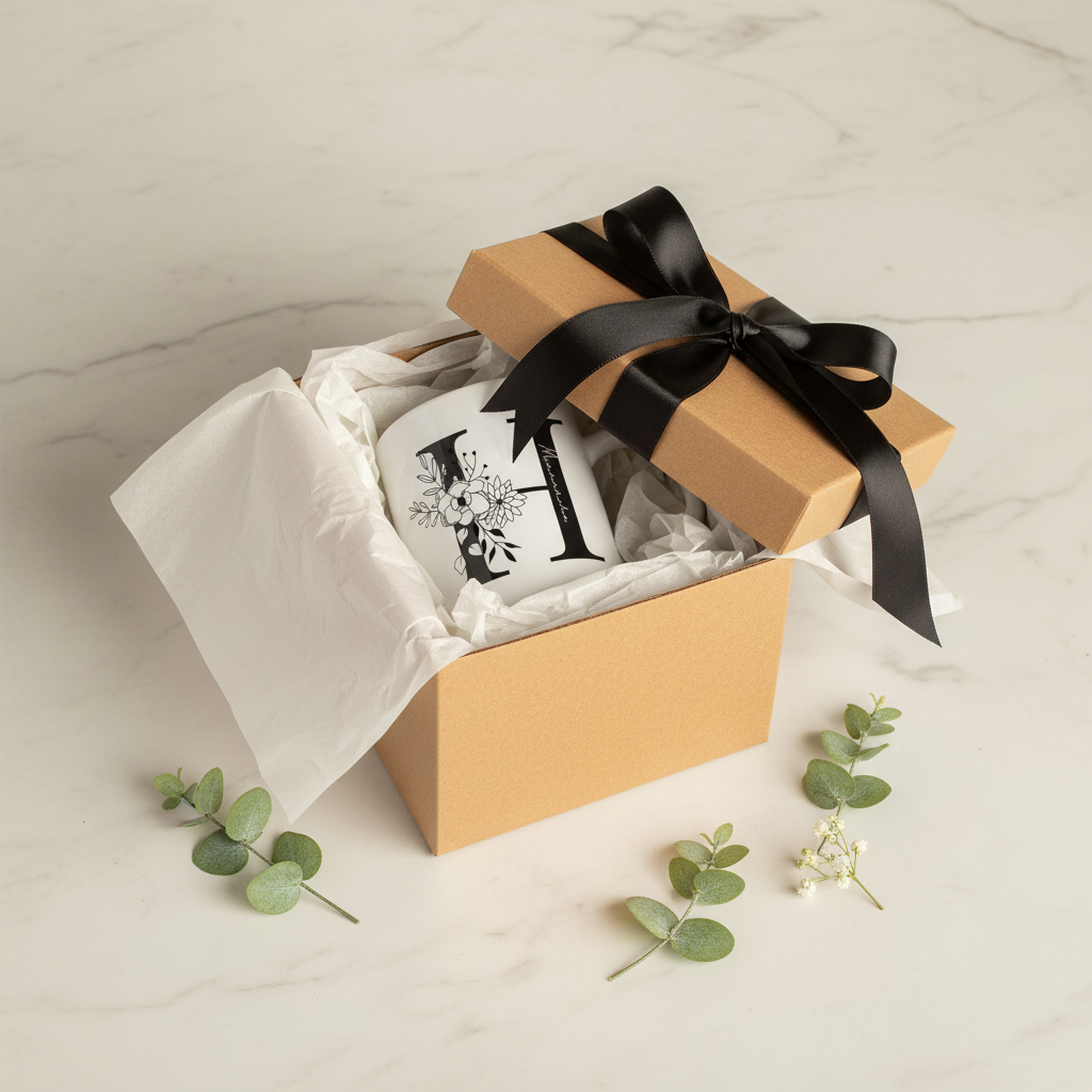 Personalised mug gift box with kraft box and black ribbon, floral letter print