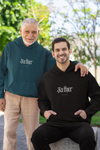 Teal and black hoodies on people, each with hood and front pouch pocket, “Father” logo