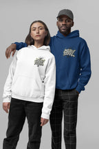 White and royal blue graphic hoodies, each with a “Mildly Feral” chest logo