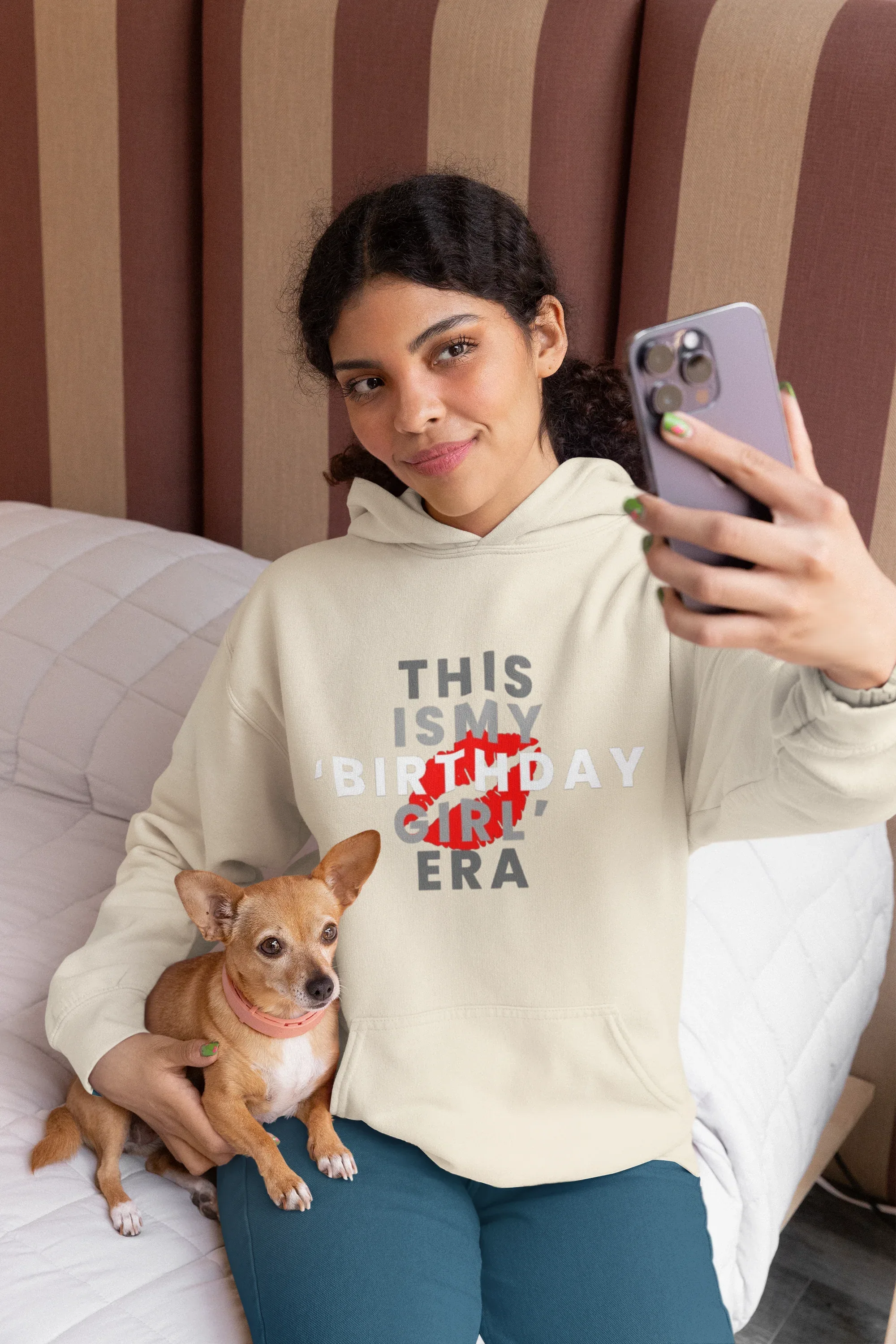 Light sand pullover hoodie on model with "THIS IS MY BIRTHDAY GIRL ERA" front print