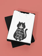 White sweatshirt with black cat face and handwritten-style text graphic