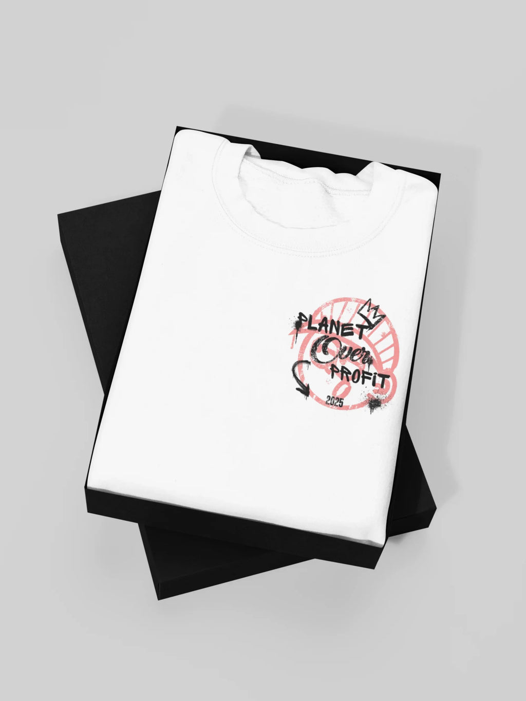 White crewneck sweatshirt with pink Planet Over Profit logo on chest