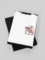 White crewneck sweatshirt with pink Planet Over Profit logo on chest
