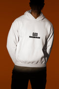 White hooded sweatshirt with front kangaroo pocket and 'GOD THE KING' chest graphic.