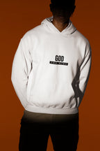 White hooded sweatshirt with front kangaroo pocket and 'GOD THE KING' chest graphic.