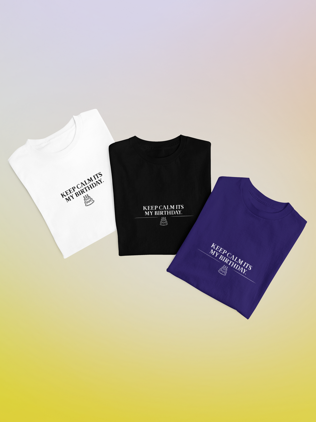 Crewneck T-shirts in white, black, and purple with birthday slogan prints
